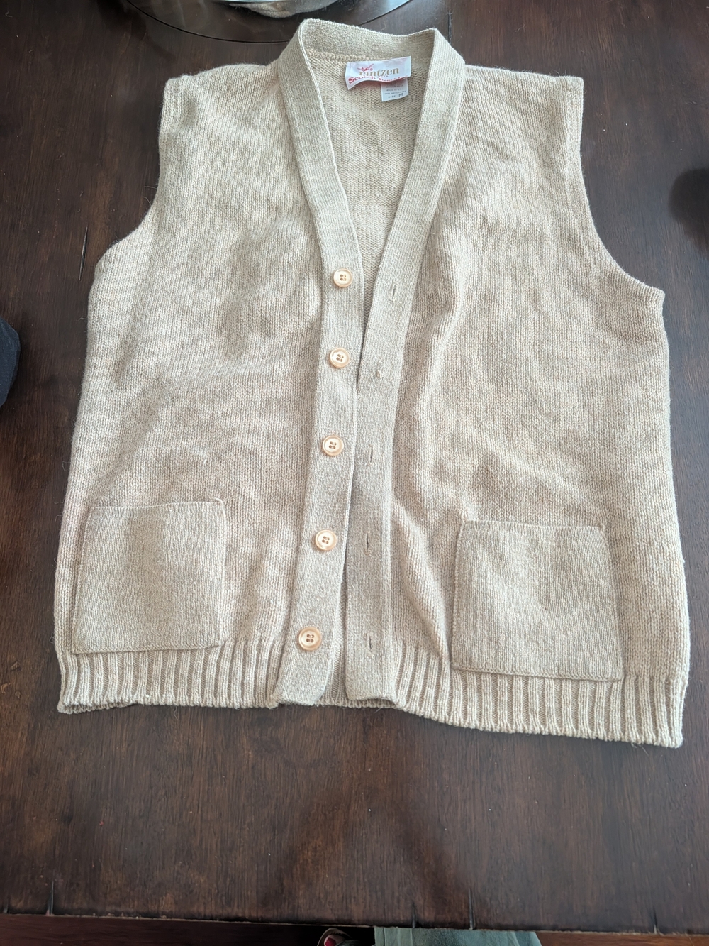 Jantzen Vintage Beige Shawl-Collar Button Front Knit Vest Men's M